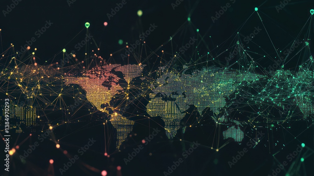 Poster global network connections - world map data visualization