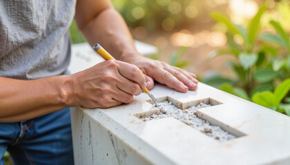 Elderly artisan chiseling cross into gravestone, memorial craftsmanship