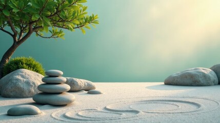 Serene Garden Scene Tranquil Rocks Balanced on Sand with a Miniature Tree and Lush Greenery Under a Soft Light
