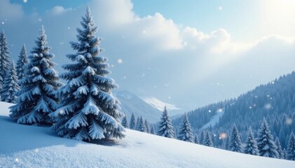 Obraz premium Dense pine trees stand frosty sentinel amidst falling snow, pine trees, gentle snowfall