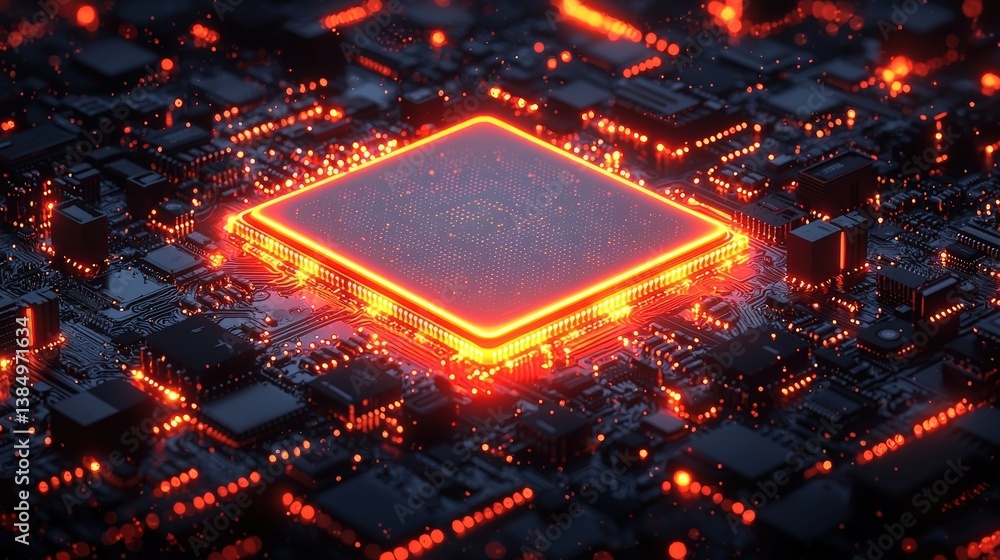 Poster futuristic circuit board with glowing processor and vibrant light effects for technology concepts