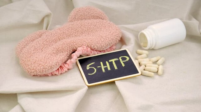 5-HTP sleep supplement capsules. Selective Focus.