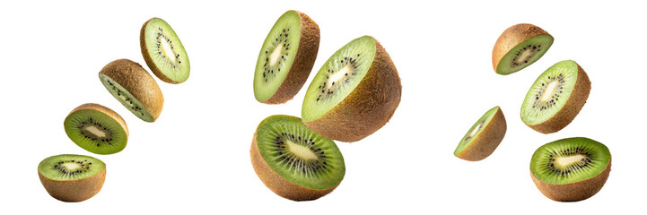 Fototapeta premium Set of A photo of a falling kiwi fruit isolated on a transparent background