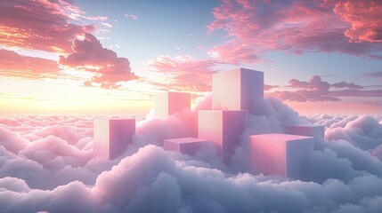 Fototapeta premium Dreamy Pink Clouds with Abstract Geometric Shapes in a Surreal Sky Landscape