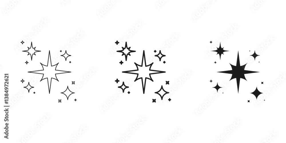 Poster sparkle and star burst line and solid icon set. brightness and twinkle symbol collection. isolated v
