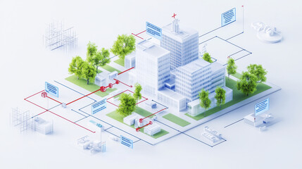 Visual flowchart of modern healthcare facility with interconnected buildings, green spaces, and digital information displays, illustrating