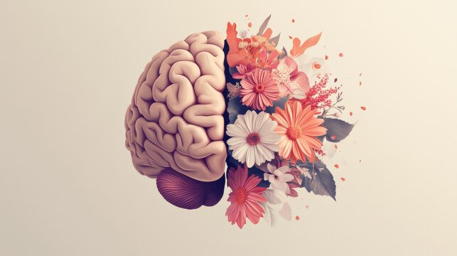 A stylized vector graphic of a split brain, the left side depicted with clean anatomical lines and smooth shading, the right side exploding into a composition of garden flowers in pinks