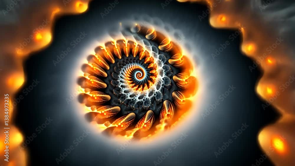 Poster colorful spiral pattern with intricate details and illuminated elements on a dark background