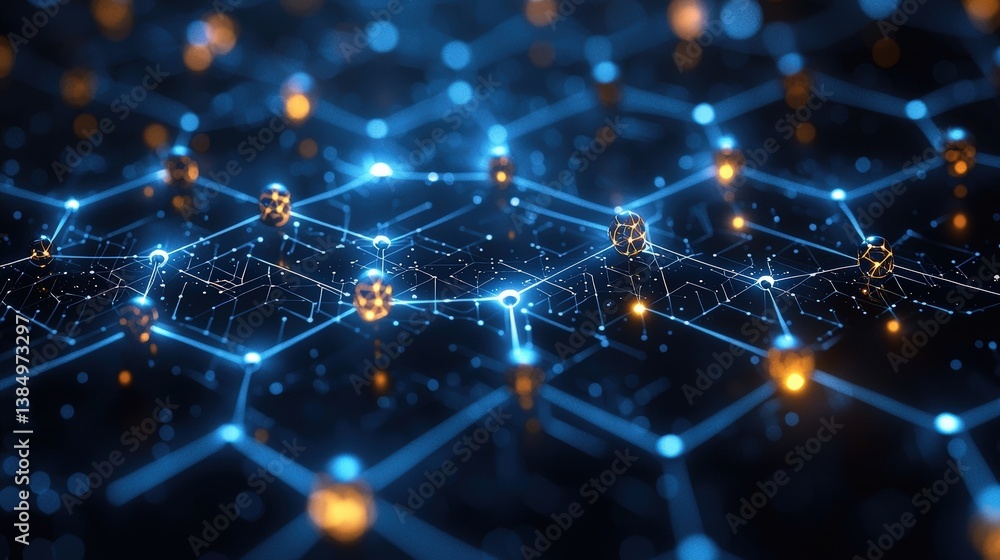 Aufkleber abstract digital network with bright nodes and blue glowing connections in a futuristic design