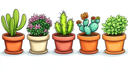 Obraz premium Colorful Collection of Potted Cacti and Succulents with Vibrant Flowers in Decorative Pots
