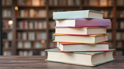 Wooden table with book pile and shelves

