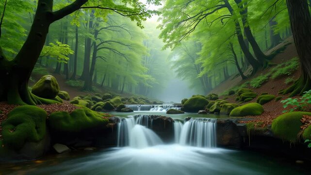A serene forest scene featuring a tranquil stream flowing through lush greenery, creating a peaceful atmosphere.