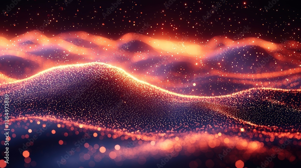 Poster glowing particles in abstract wave patterns creating a magical artistic atmosphere at night