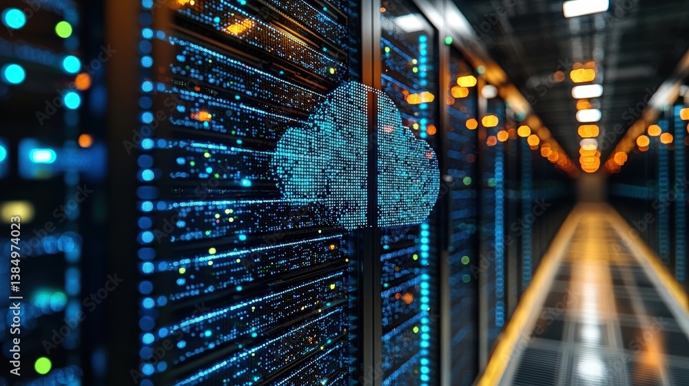 Poster digital cloud concept over data center with server racks and network cables displaying lights