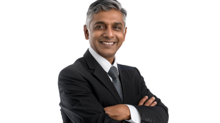 Confidence of the Successful: A distinguished middle-aged professional, radiating self-assurance, poses with arms crossed, his engaging smile and sharp attire reflecting years of accomplishment.