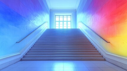 Obraz premium Vibrant Modern Staircase with Colorful Walls and Bright Light at the Top of the Steps