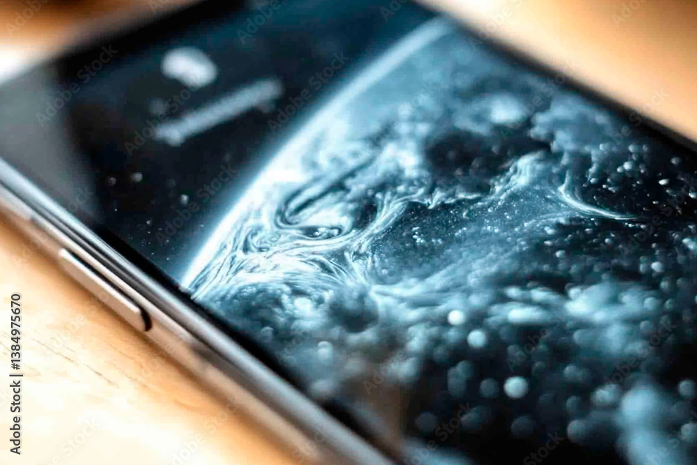 Poster close-up of smartphone screen displaying abstract cosmic design with swirling patterns and glowing p