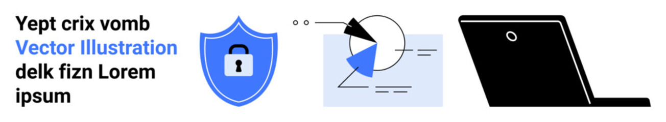 Shield with lock icon, analytics chart, and laptop outline. Ideal for cybersecurity, data analysis, tech innovation, business tools, online learning, remote work simple landing page