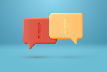 Red and yellow 3D speech bubble icons with exclamation marks on blue background. Vector illustration.