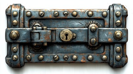 Vintage metal lock with intricate details and a rusty patina on a wooden background