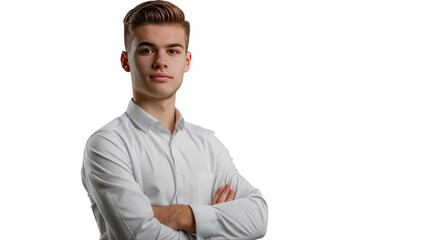 Confident Individual: A portrait of a poised, well-groomed individual with arms crossed, embodies a look of assured self-assurance, radiating a sense of composed authority and inner strength.