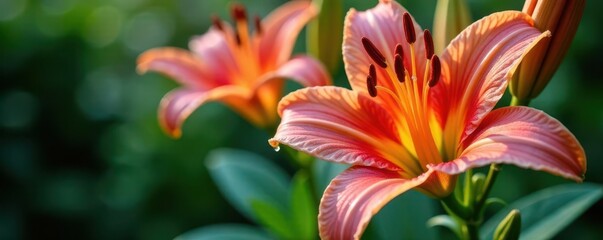Fototapeta premium Close-up of majestic lilies, dew drops glistening , plant, petal