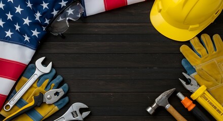 American Labor Day tribute tools hard hats and the American flag on a dark wood background celebrating hardworking Americans and their contributions AI Generative