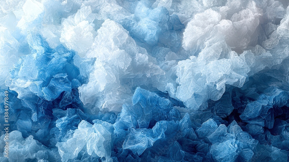 Poster abstract blue and white textured background with layered cloud-like shapes in soft hues