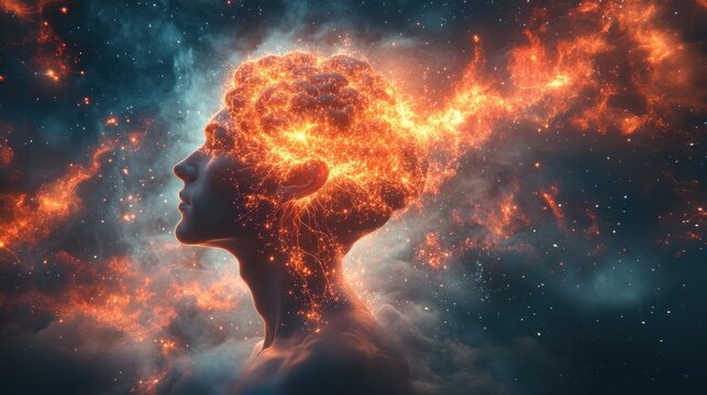 Fototapeta Fiery brain, cosmic profile, burning mind, starlit backdrop