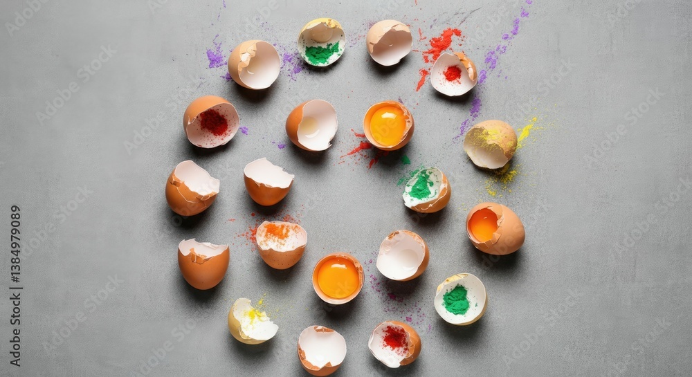 Poster broken eggshells filled with colorful powders arranged in circle on gray background