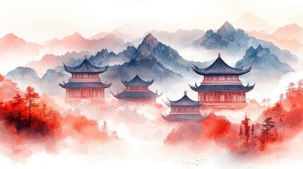 Fototapeta premium Serene Mountain Landscape with Traditional Pagodas and Mist Over Scenic Red and Gray Forest
