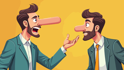 Exaggerated Tall Tales: Cartoon Liar with Expanding Nose Convincing Naive Man - Concept of Deception, Fraud, and Misinformation in Business and Relationships