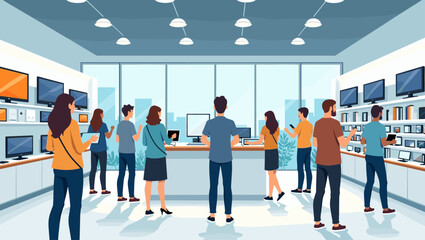 Captivating Electronics Store Scene: Shoppers Exploring Smart Devices, Tablets, and TVs in a Modern Retail Environment. Perfect for advertising, and technology themes!