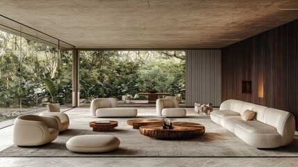 Fototapeta premium Modern living room with forest view, minimalist design and wooden accents