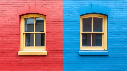 Colorful building facade with yellow windows
