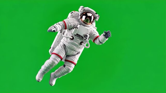 Astronaut floating in space on a green screen background, ideal for compositing, animation, and creative projects requiring customizable astronaut footage with a clear background.