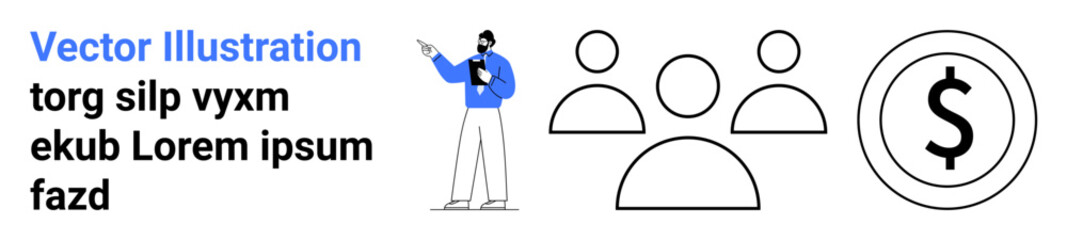 Man pointing at a chart, three user icons, a dollar sign symbolizing teamwork, presentation, and financial success. Ideal for business strategy, finance planning, consulting, coaching team