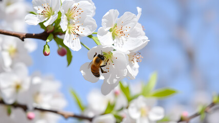 Fototapeta premium Spring, cherry blossom with honeybee Generative AI