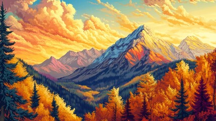 Autumn Mountain Valley Sunset View; Stock photo of a picturesque autumn mountain valley scene at sunset, perfect for nature wallpapers or backgrounds