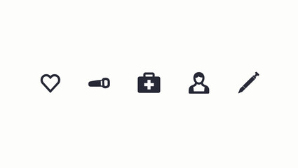 Clean & Modern Healthcare Vector Icon Set: Medical Bag, Heart, Doctor, Pen & Equipment.  Ideal for Web, App, UI/UX design. Simple, Minimalist for Medical & Wellness Projects