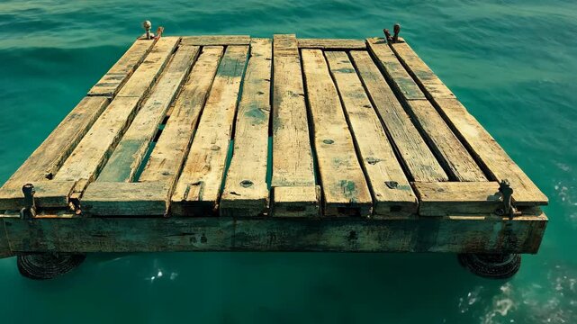 Floating wooden platform in serene turquoise water at a tropical location during bright daylight