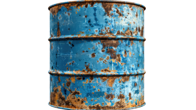 The Rustic Echo of a Bygone Era: A weathered, blue metal barrel, bearing the marks of time and corrosion, stands as a silent testament to industry and the passage of years. 
