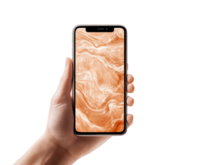 Overhead view of a hand holding a modern smartphone device with a marble texture screen and blank copy space for digital content or app design