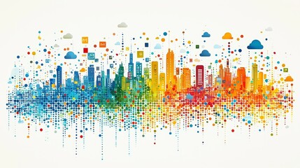 Obraz premium Vibrant City Skyline with Colorful Abstract Dots and Clouds in Modern Digital Style