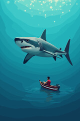 Fototapeta premium Great White Shark Lurking Below Man in Rowboat, Ocean Depths Illustration. Explore Underwater Danger, Vector Graphic for Thriller, Adventure, or Marine Life Projects