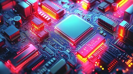 Fototapeta premium High-Tech Circuit Board with Colorful Illumination and Detailed Electronic Components