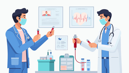 Doctors in Masks Collecting Blood Samples in Laboratory for Analysis, Modern Healthcare Diagnostic, Vector Illustration for Medical Research, Health Checkup, and Clinic Promotion