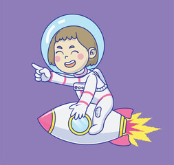 Cute girl astronaut cartoon riding a rocket. Symbol of success, innovation, dreams, and growth