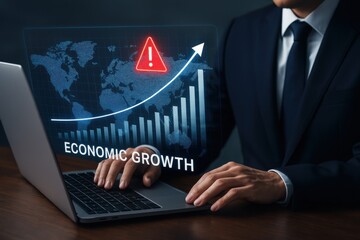 Economic Growth Alert: A business person works on a laptop and a warning sign and increasing economic growth arrow overlay indicating potential risks, symbolizing financial challenges. 