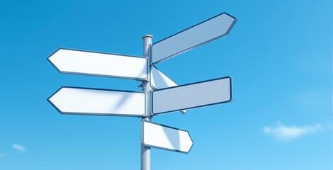 White empty directional signs pointing in different directions, minimal graphic style, on a clear blue sky background. Concept of choices and decisions. Ai generative